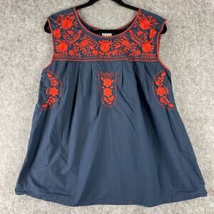 Sister Mary Top Womens Small Floral Embroidered Polka Dot Cotton Boho Peasant